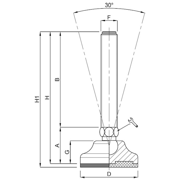 Martin Piede INOX A2 Base Plastica Snodato 30° Antiscivolo D.MM 65 M10/M12/M14 - MARTIN - Immagine 2